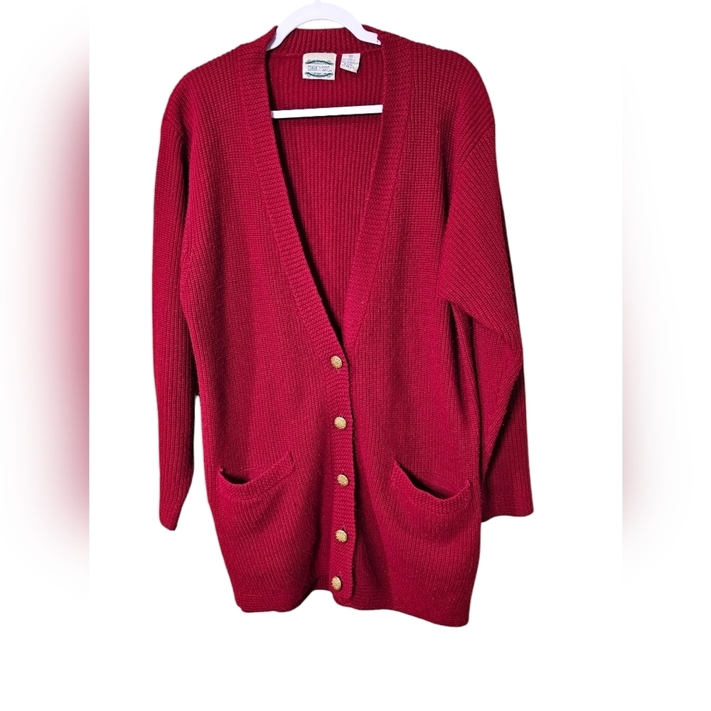 Vintage Women's Red oversized Cardigan Sweater with gold button detail medium